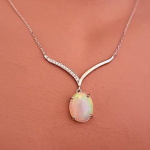 0.06ct Natural Diamond Opal Necklace