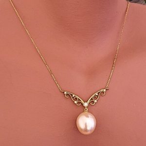 0.06ct Natural Diamond Butterfly Champagne Pearl Necklace